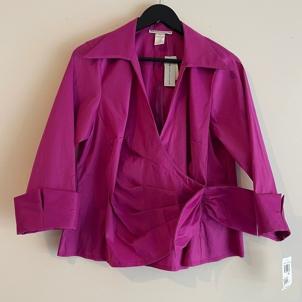 U3 Wrap Top Magenta Cuffed Sleeve Barbiecore Blouse 14 Office Wear Top Y2K NWT